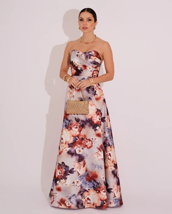Vestido de Festa Longo Zibeline Estampado Floral Tomara que Caia