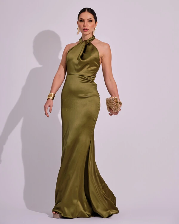 Vestido de Festa Longo em Cetim Alfaiataria com Elastano Frente Única Verde Oliva