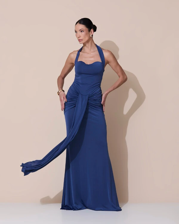 Vestido de Festa Longo Decote Coração Malha Jersey Drapeado Costas Trançada Azul Marinho