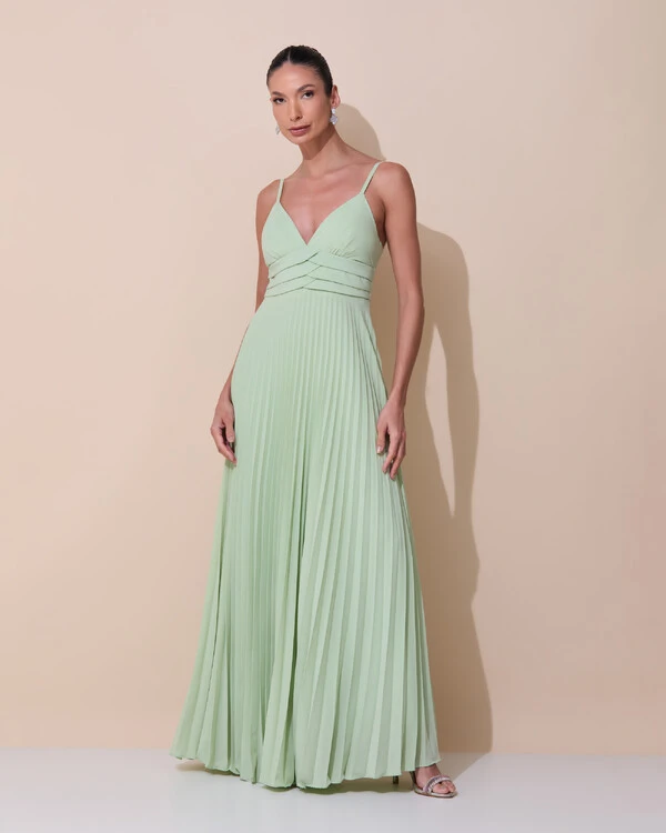 Vestido de Festa Longo Plissado Crepe Chiffon com Alça e Lenço Verde Menta New
