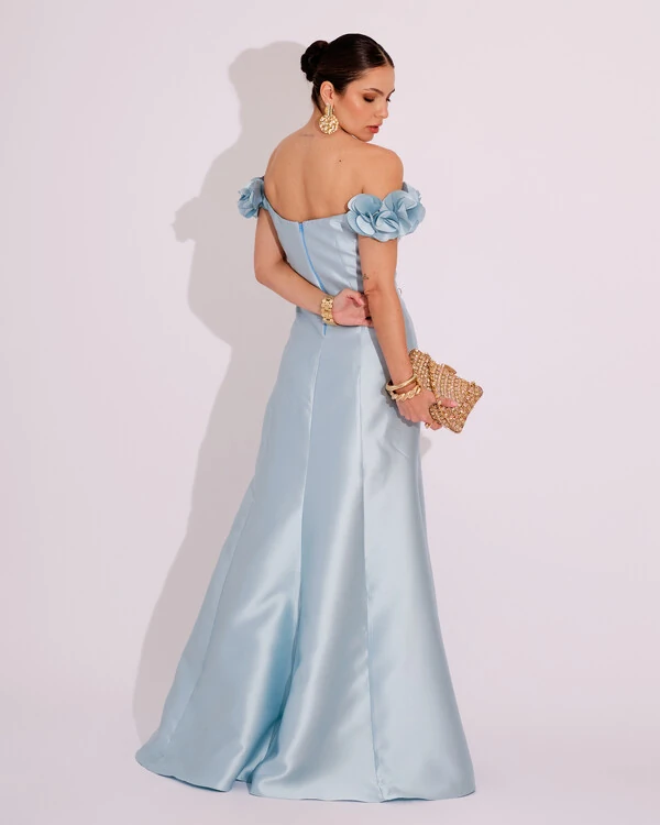 Vestido Longo de Festa Zibeline Ombro a Ombro com Flores e Fenda Serenity