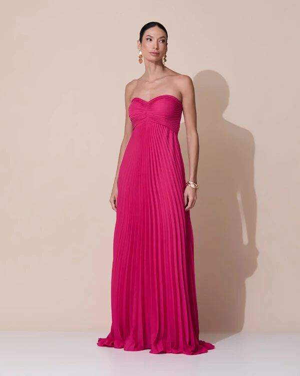 Vestido de Festa Longo Tomara que Caia Plissado com Lenço Pink Escuro