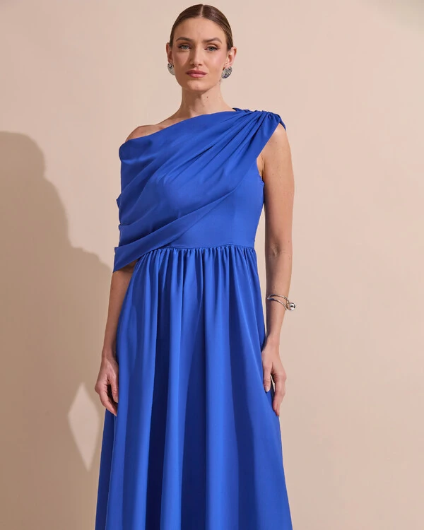 Vestido de Festa Longo Um Ombro Só Crepe Chiffon Capa Drapeado Azul Royal