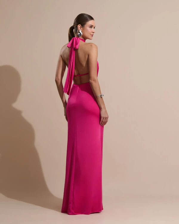 Vestido de Festa Longo Malha Jersey Gola Alta Saia Sereia Pink New