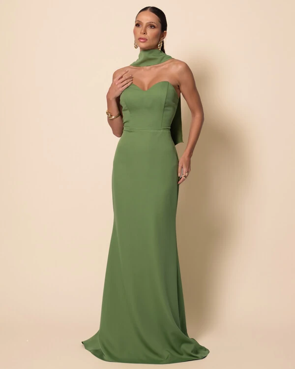 Vestido de Festa Longo Alfaiataria Tomara que Caia Saia Sereia com Lenço Verde Matcha