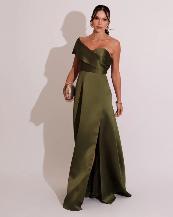 Vestido de Festa longo Faixa Ombro e Fenda Zibeline Verde Oliva