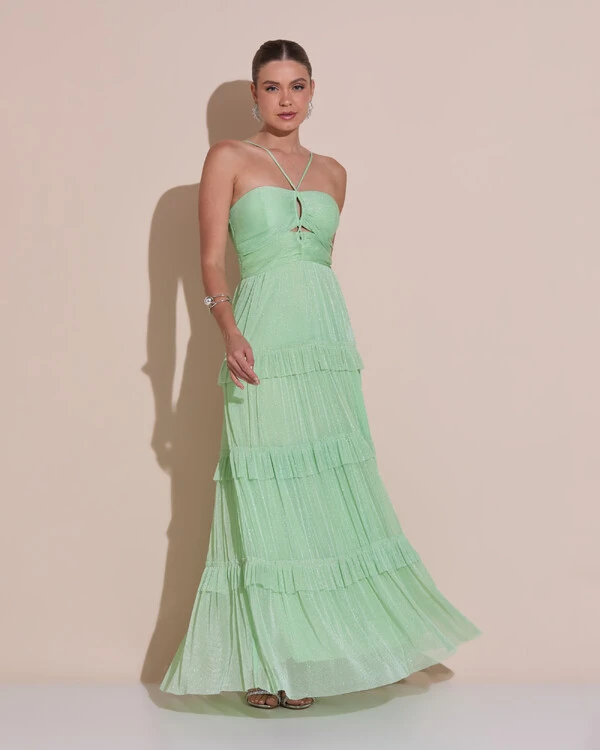 Vestido de Festa Longo Tule com Saia Babado Verde Lima