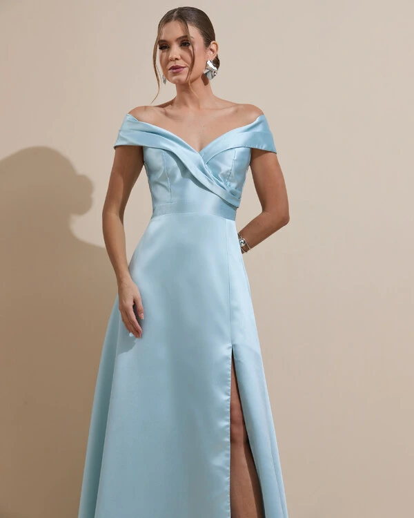 Vestido de Festa Longo Zibeline Ombro a Ombro com Fenda Tiffany
