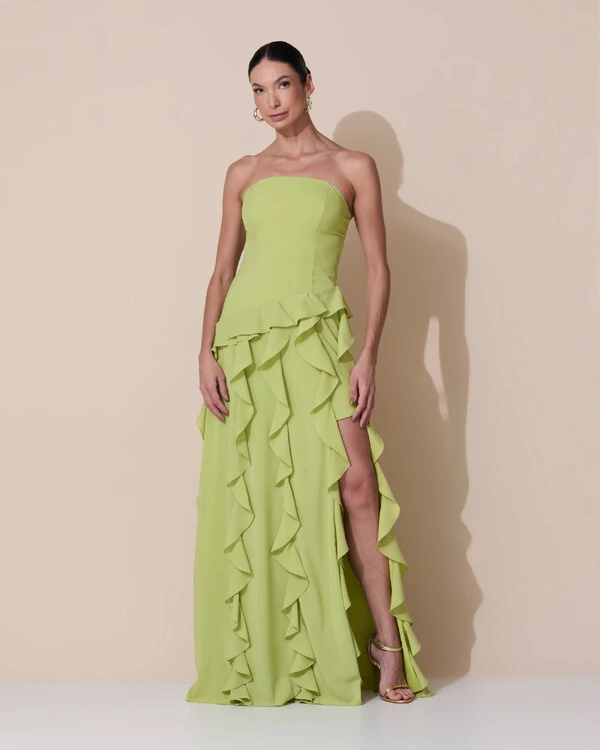 Vestido de festa Longo Tomara que Caia Crepe Chiffon com Babados Cascata e Fenda Verde Claro