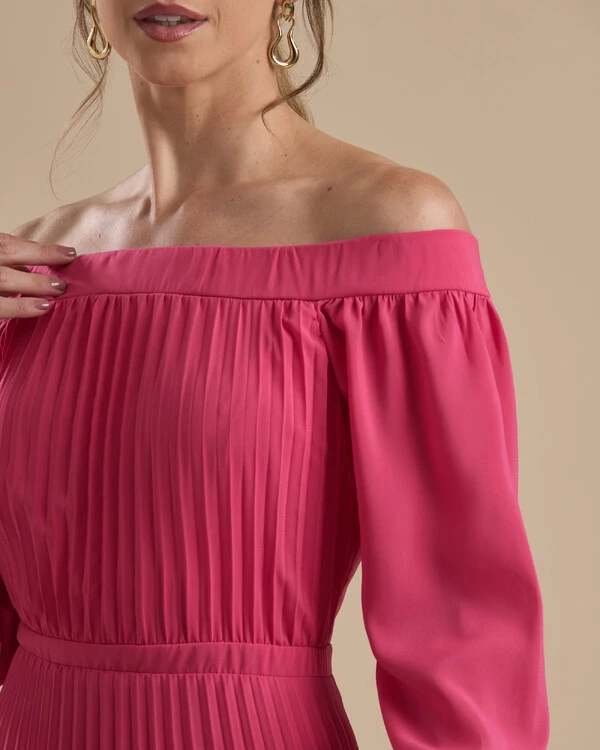 Vestido de Festa Longo Crepe Chiffon Plissado Ombro a Ombro Pink New