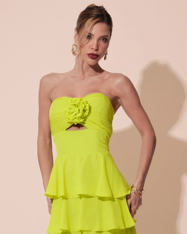 Vestido Longo Crepe Chiffon Tomara que Caia Plissado em Camadas Verde Lima