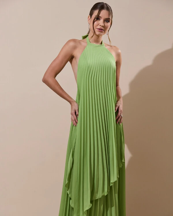 Vestidos de Festa Longo Chiffon Fluido Frente Única Plissado Duplo Verde Garden