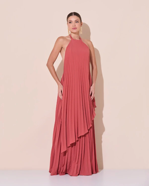 Vestidos de Festa Longo Chiffon Fluido Frente Única Plissado Duplo Terracota