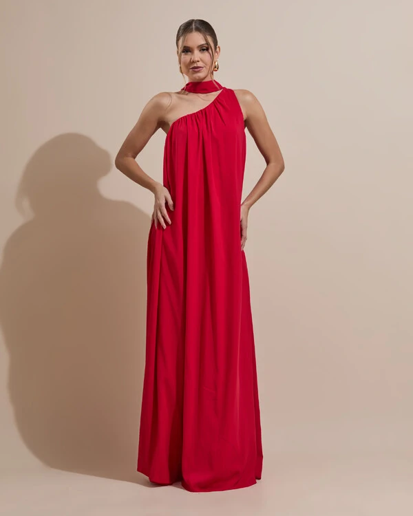 Vestido de Festa Longo Crepe Fluido um Ombro Só com Lenço Vermelho