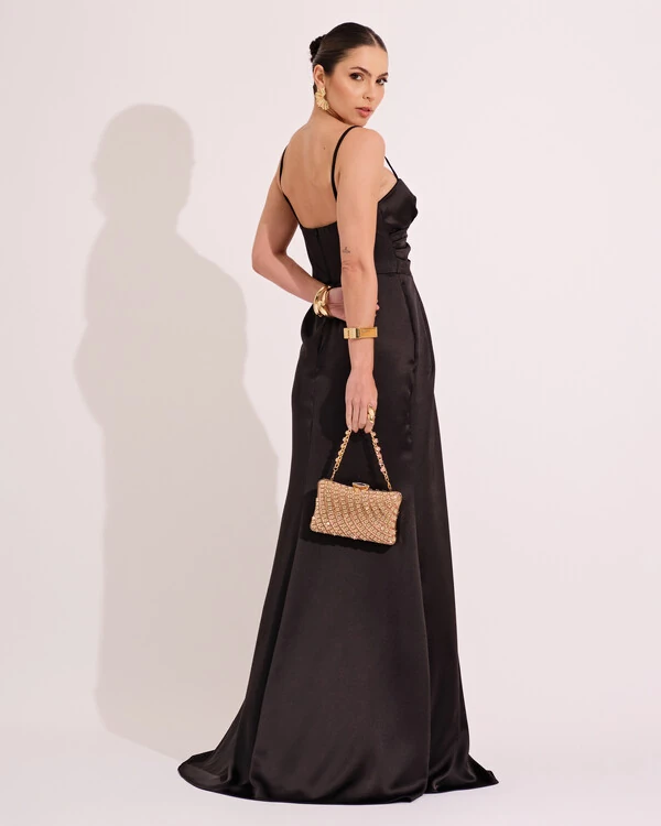 Vestido de Festa Longo Cetim Alfaiataria Fenda Drapeada Preto