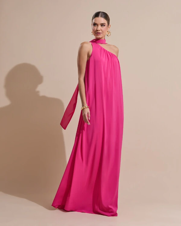Vestido de Festa Longo Crepe Fluido um Ombro Só com Lenço Pink New