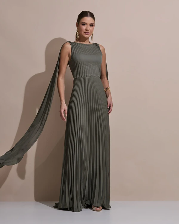 Vestido de Festa Longo Crepe Chiffon Plissado com Lenço nas Alças Verde Oliva