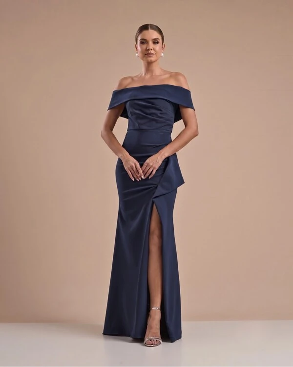 Vestido de Festa Longo Ombro a Ombro com Fenda em Alfaiataria Azul Marinho Escuro
