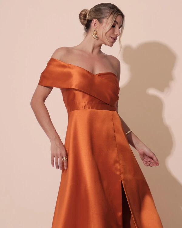 Vestido de Festa longo Faixa Ombro e Fenda Zibeline Terracota