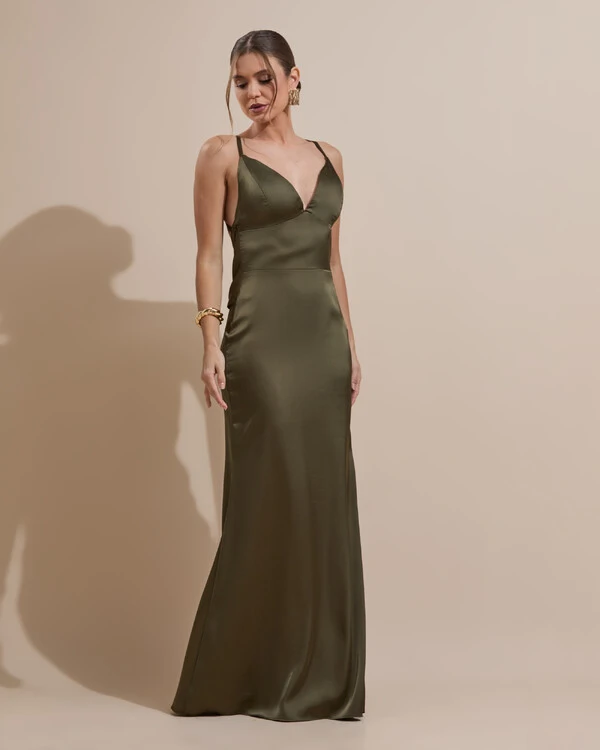 Vestido de Festa Longo Costas Abertas Laço Cetim Decote V Verde Oliva