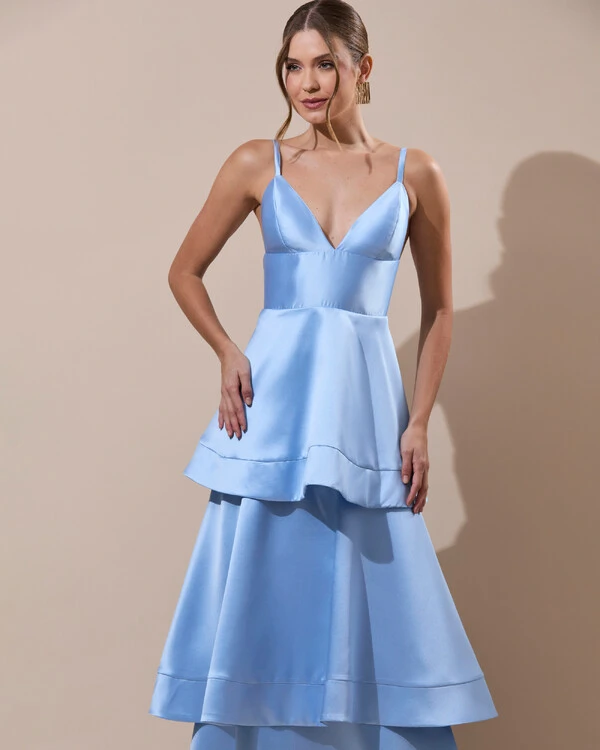 Vestido de Festa Longo Zibeline em Camadas Decote em V com Alças Serenity New