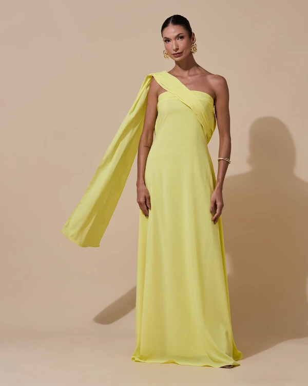 Vestido de Festa Longo Tomara que Caia Crepe Chiffon Lenço Drapeado Costas Trançada Amarelo Manteiga