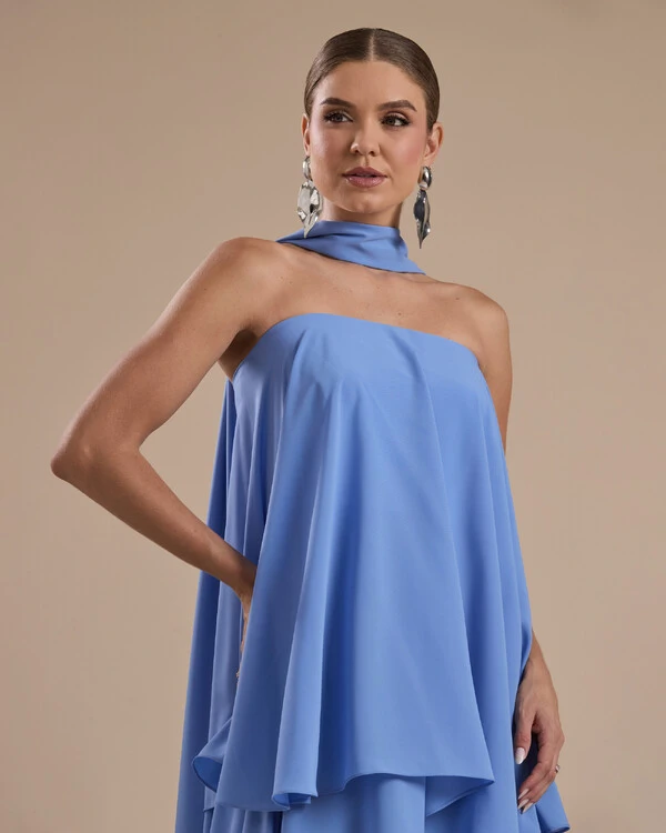Vestido de Festa Longo Chiffon Crepe em Camadas com Lenço Azul Atlantis