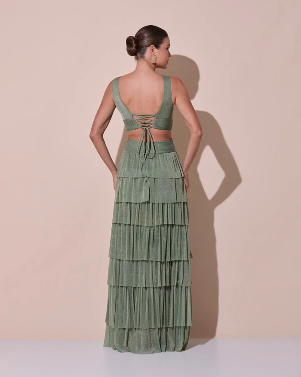 Vestido De Festa Longo Decote V Tule Brilho Recortes Camadas Verde Oliva