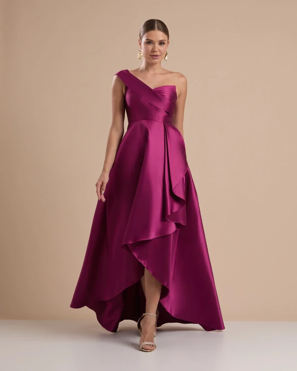 Vestido de Festa Longo Zibeline um Ombro Só Mullet Fúcsia Beterraba