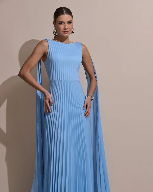 Vestido de Festa Longo Crepe Chiffon Plissado com Lenço nas Alças Serenity
