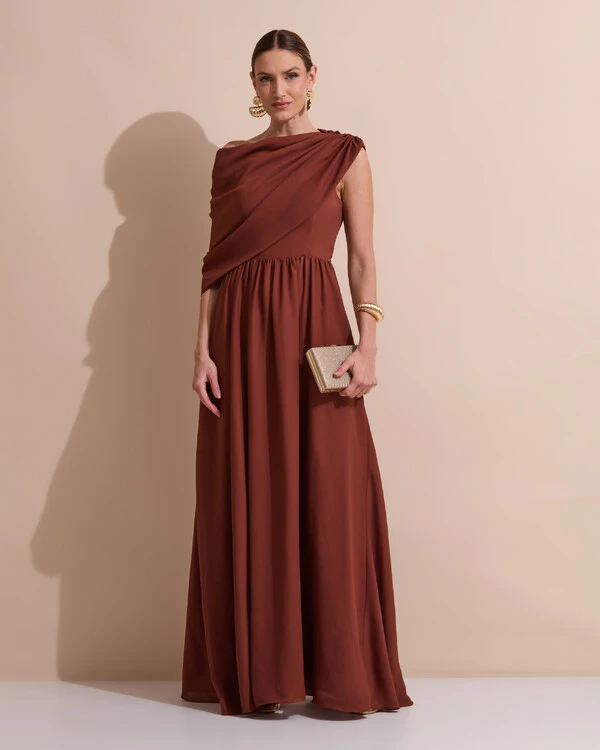 Vestido de Festa Longo Um Ombro Só Crepe Chiffon Capa Drapeado Marrom New