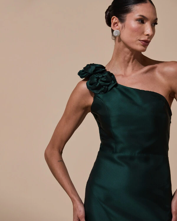 Vestido de Festa Longo Zibeline um Ombro Só Flor Removível Saia Sereia Verde Escuro