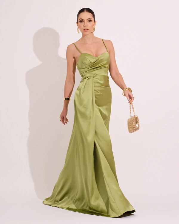 Vestido de Festa Longo Cetim Alfaiataria Fenda Drapeada Verde Lima