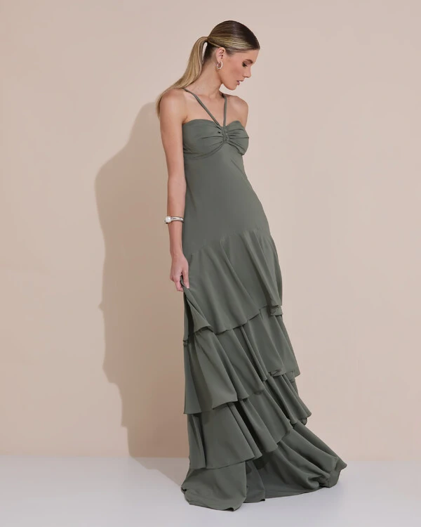 Vestido Longo Crepe com Babado em Camadas Verde Oliva