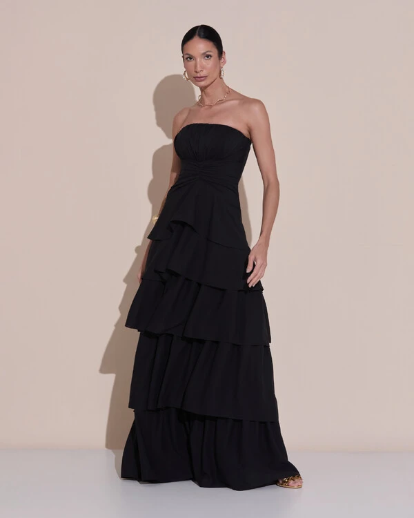 Vestido de Festa Longo Tomara que Caia Drapeado Crepe Chiffon Babados Camadas Preto