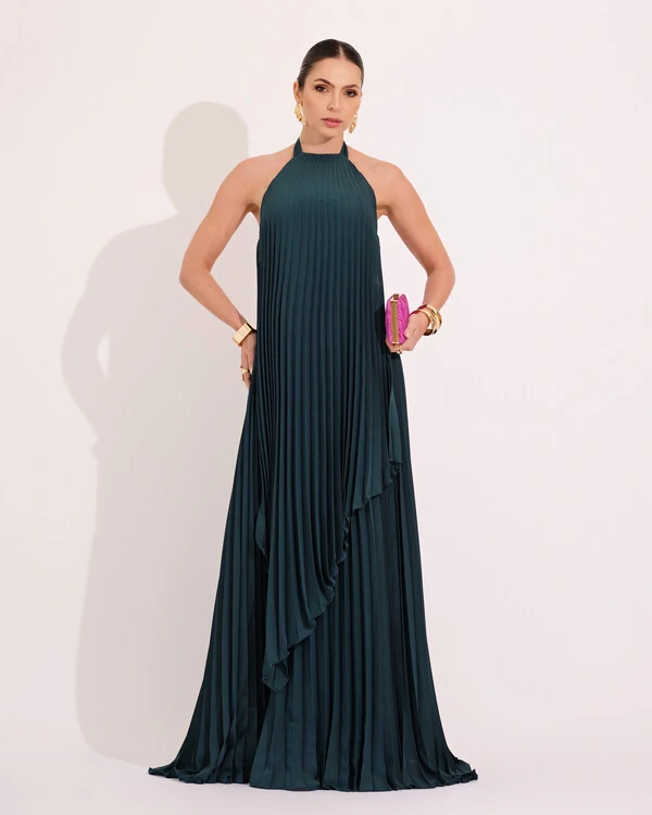Vestidos de Festa Longo Chiffon Fluido Frente Única Plissado Duplo Verde Escuro