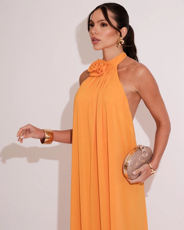 Vestido Longo Crepe Chiffon Frente Única Fluido Flor Removível Mango Sorbet