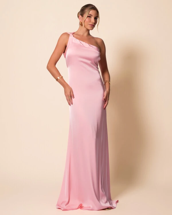 Vestido de Festa Longo Cetim Fluido Um Ombro Só Amarração Costas Rose Gold