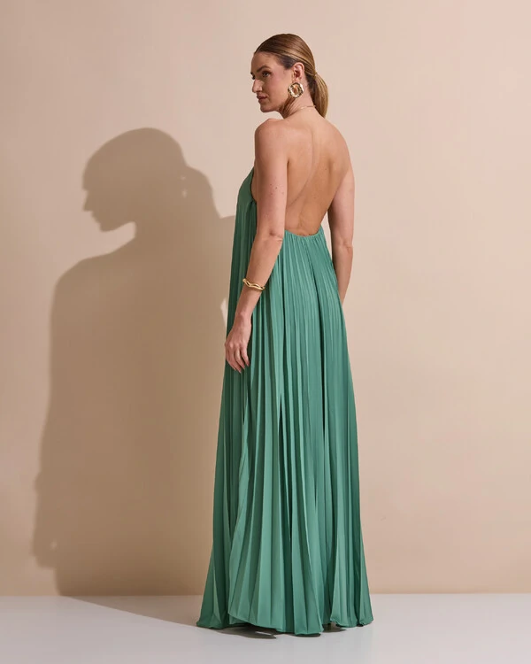 Vestido de Festa Longo Frente Única Plissado Crepe Chiffon Argola Verde Matcha Escuro