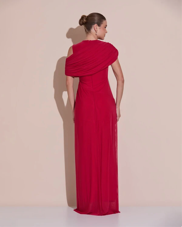 Vestido de Festa Longo Capa Drapeado Tule Saia Fluida Cereja