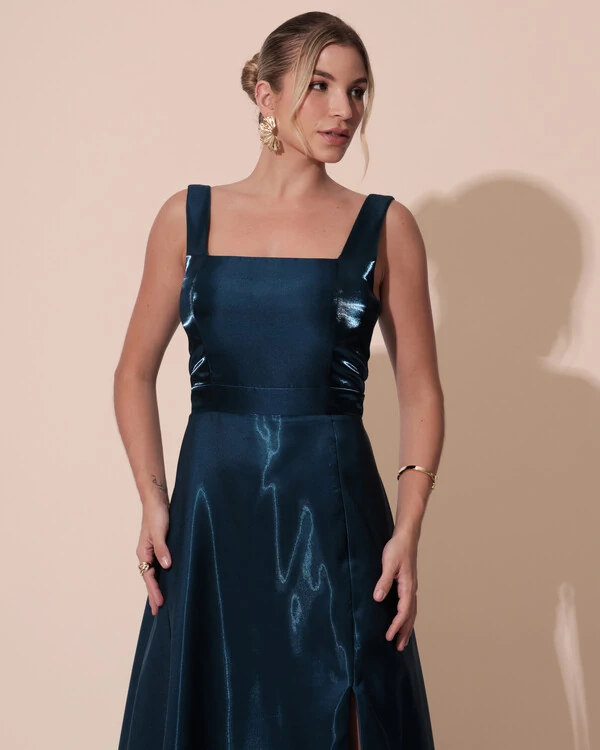 Vestido de Festa Longo Zibeline Cristal com Fenda e Faixa Azul Petróleo