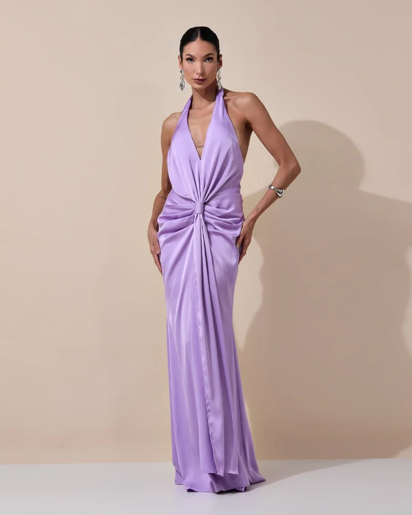 Vestido de Festa Longo Frente Única Decote V Cetim Drapeado Faixa Lilás