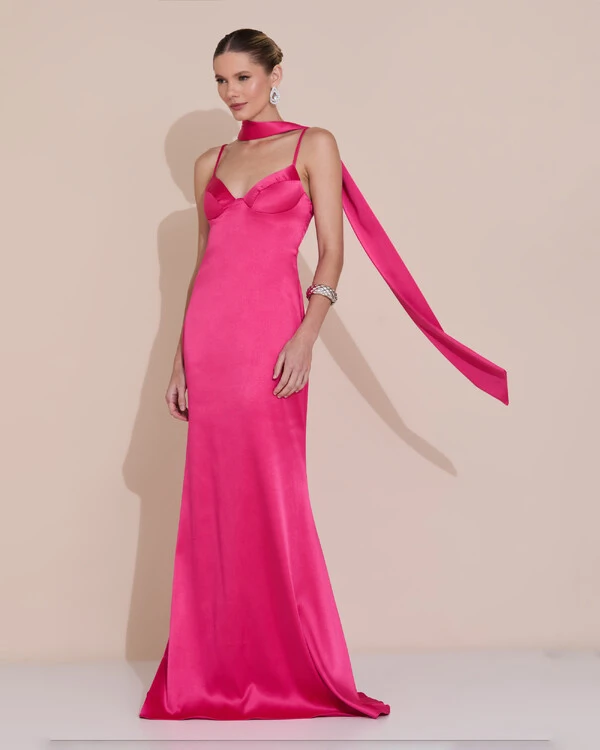 Vestido de Festa Longo Decote Coração Cetim Alfaiataria Trançado Costas Lenço Pink