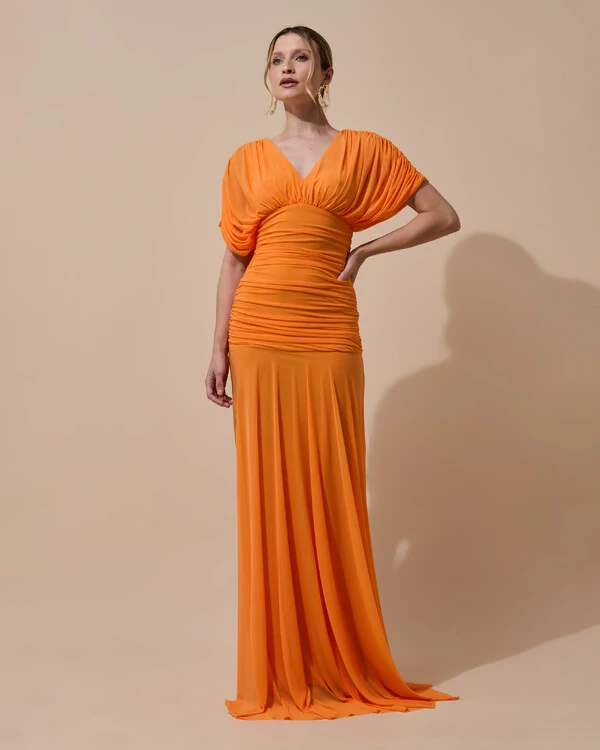 Vestido de Festa Longo Tule Manga Curta Drapeado Laranja New