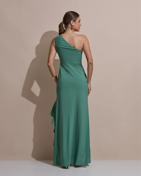 Vestido de Festa Midi Um Ombro Só Crepe Chiffon Babados Cascata Fenda Verde Matcha Escuro