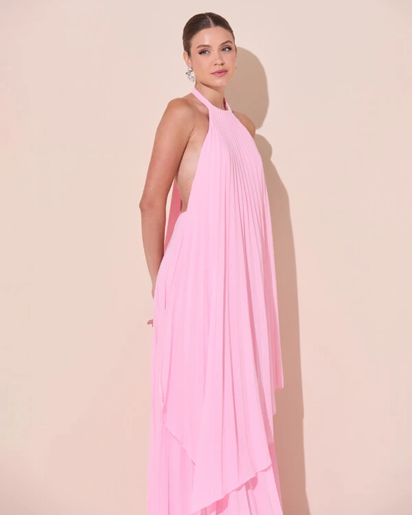 Vestidos de Festa Longo Chiffon Fluido Frente Única Plissado Duplo Rosa Claro