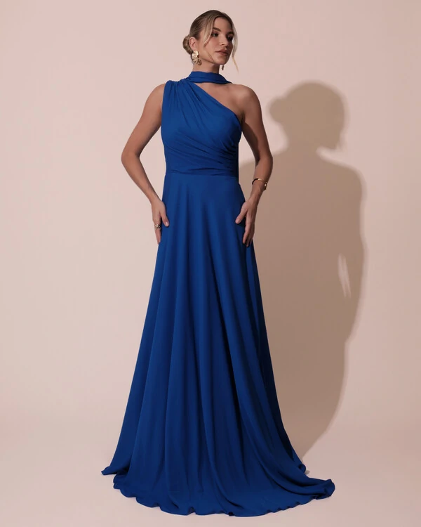 Vestido de Festa Longo Crepe Chiffon Um Ombro Só Drapeado com Lenço Azul Royal