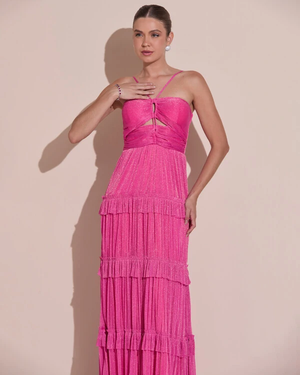 Vestido de Festa Longo Tule com Saia Babado Pink