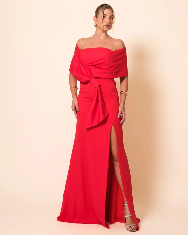 Vestido de Festa Longo Alfaiataria Ombro a Ombro Laço e Fenda Vermelho