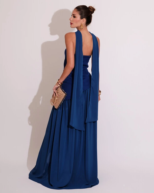 Vestido de Festa Longo Tomara que Caia Alfaiataria e Saia Crepe Chiffon e Lenço Azul Royal